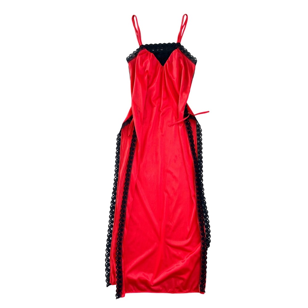 VTG 70s‎ red black lace sexy maxi slip dress lingerie slits bow detail fairy
